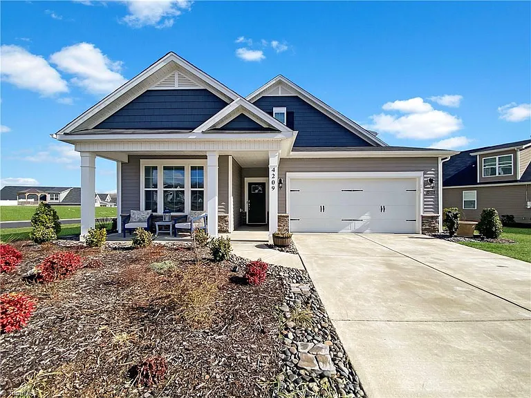 Modern navy blue ranch home with stone accents and covered porch sold by Rob Herald in Winston-Salem NC